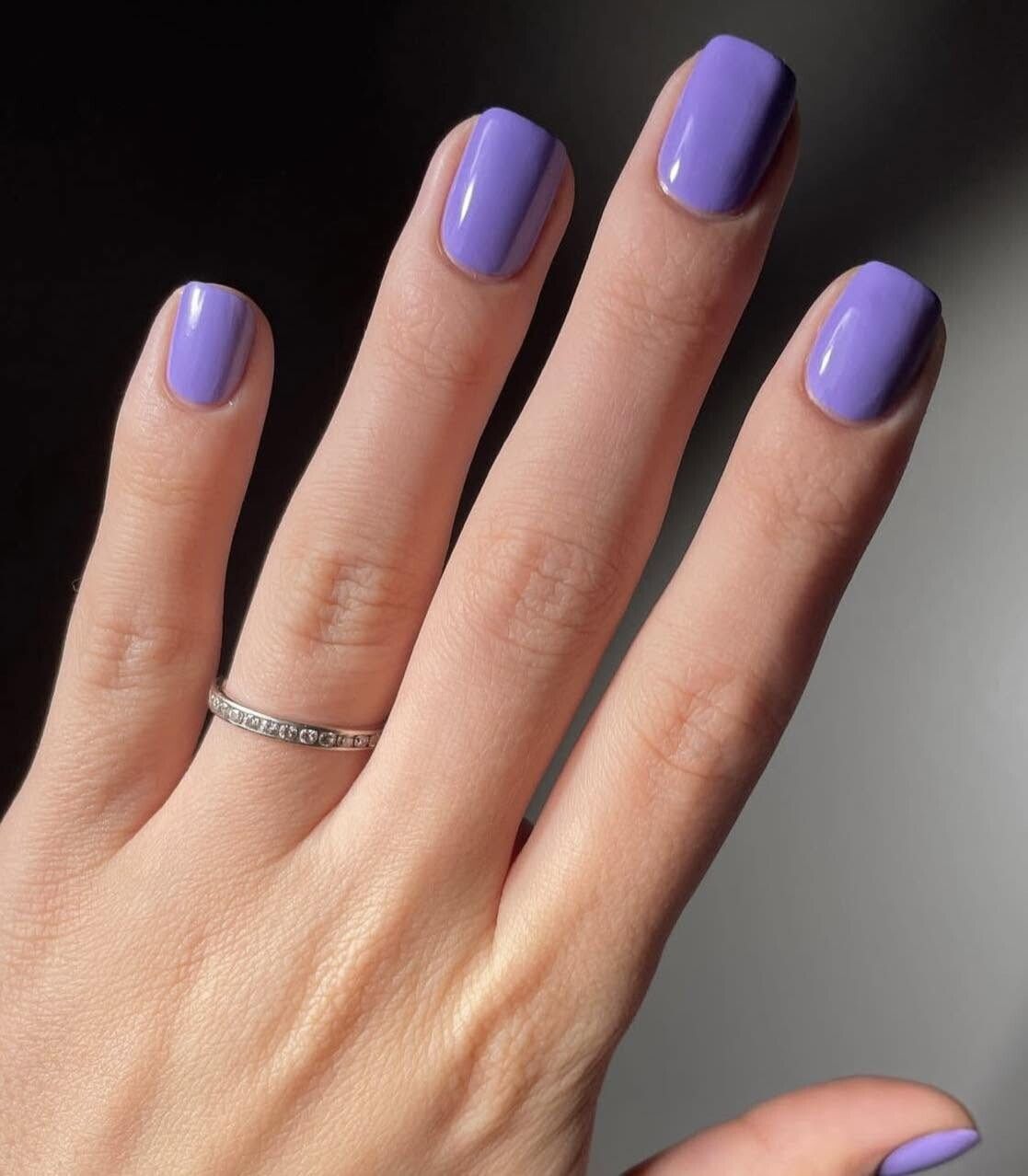 Bright lavender gel manicure on short nails