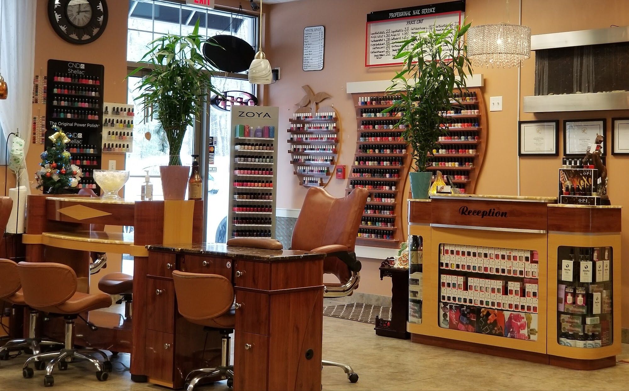 Manicure stations and reception area inside Christine’s Nails in Hopkinton