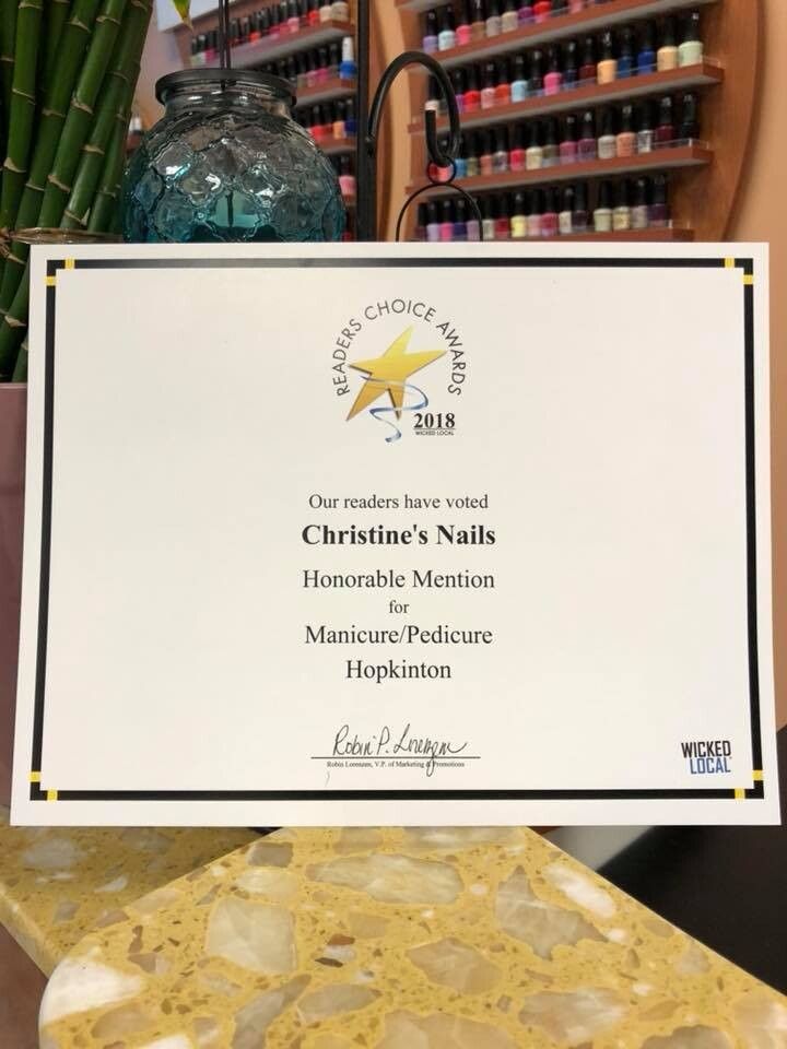 Readers’ Choice Awards 2018 certificate — Christine’s Nails, Honorable Mention for Manicure/Pedicure, Hopkinton